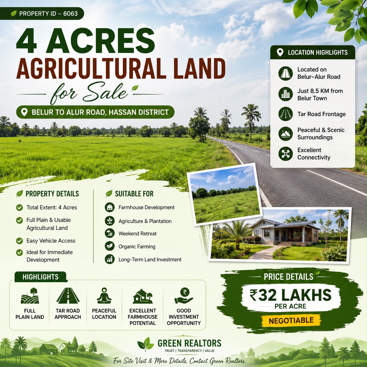 🆔 *PROPERTY ID – 6063* 🌿🏡 *4 Acres Agricultural Land for Sale – Belur to Alur Road, Hassan District*
